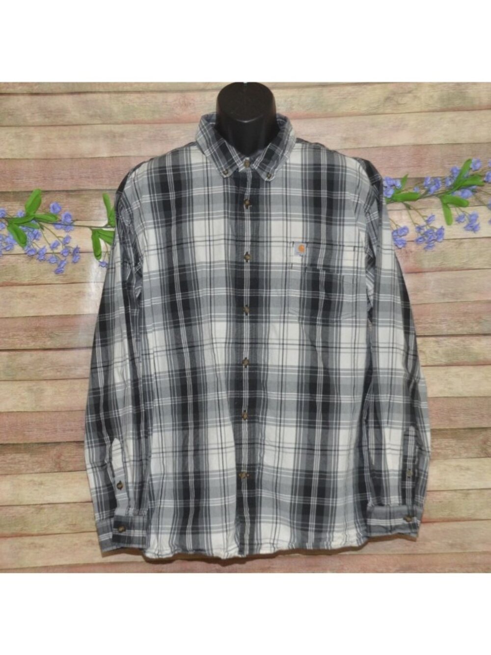 Carhartt Essential Black Plaid Long Sleeve Button Down Shirt Mens 2XL 103351